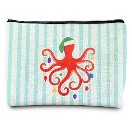 Beach Christmas Octopus Makeup Bag, Octopus Gifts for Women, Coastal Beachy Christmas Cosmetic Bags for Women, Xmas Ocean Sea Animal Striped Zipper Makeup Pouch Travel Toiletry Bag