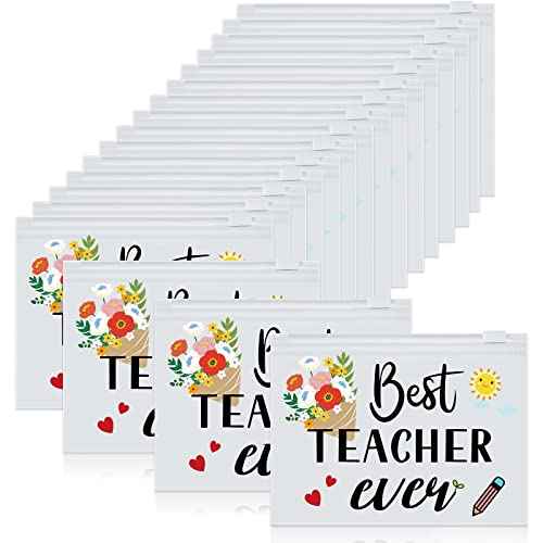 Cunno 60 Pcs Teacher Appreciation Gifts Bulk Small Waterproof Makeup Toiletry Bag Pouch Cosmetic Pencil Bag Thank You Gifts for Women Men Travel Graduation Season Supplies(Best Teacher Ever)