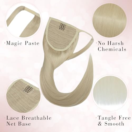 Ponytail Extensions Human Hair Long Straight Ponytail Hair Extensions with Magic Paste Wrap Around Clip in Ponytail Extensions Real Human Hair,16inch #60 Platinum Blonde,80g