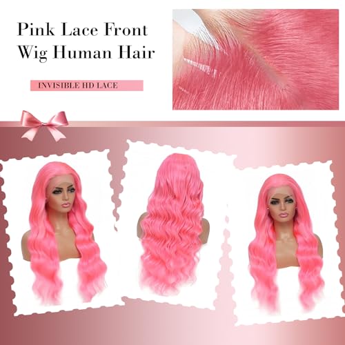 Pink Human Hair Wig 200 Density Body Wave HD Lace Front Wigs Human Hair Pre Plucked with Baby Hair Lace Front Wig 13x4 Lace Frontal Wigs Real Hair Wigs for Women 22 Inch