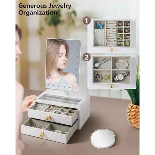 Star Vision 2-in-1 Lighted Makeup Mirror with PU Jewelry Organizer, Dimmable 6,000K Cool White Light, 2-Layer Drawers, PU Surface with Stitching, Includes a 10X Magnification Mirror, White