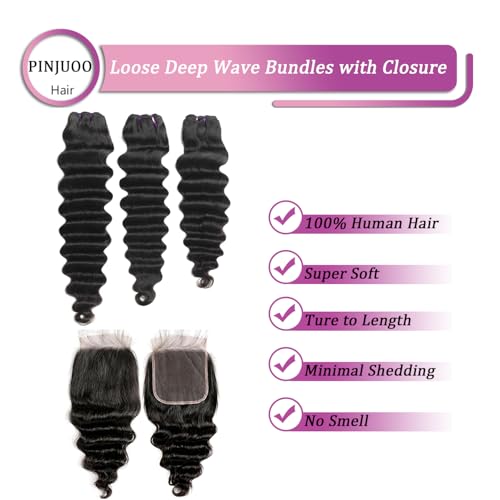 Loose Deep Wave Bundles with Closure 12 14 16+10 Inch 100% Unprocessed Virgin Brazilian Hair Bundles Wavy 3 Bundles and 4X4 HD Lace Closure Natural Color Hair Bundles with Closure