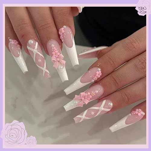Pink Press On Nails with Nail Charms, press on nails medium for Girls, nail press ons for Women, square press on nails for her, press on nails kit Gel Like, Valentine's Day Gift,Pearl-24pcs