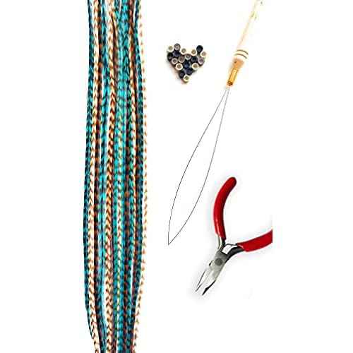 Feather Hair Extensions Kit, Contains Real Rooster Feathers, Loop Tool, Microlink Beads, and Small Pliers- Long Natural Colors with Turquoise Accessories