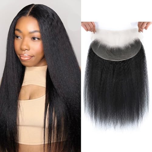 Kerriana 20 Inch Kinky Straight Lace Frontal Human Hair 13x4 Transparent Yaki Straight 13 by 4 Frontal Closure For Women Natural Black Color