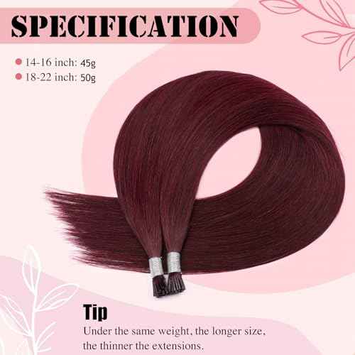 Senmy Burgundy Red I Tip Hair Extensions 20inch Cold Fushion I Tip Hair Extensions Human Hair, 50g Invisible Microbead Extensions Human Hair