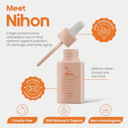 NIHON Antioxidant Serum - Kojic Acid + Ferulic Acid & Vitamin E and Vitamin C Serum for Face - Brightens, Evens Tone & Protects - Clean, Fragrance-Free, Cruelty-Free - 30ml