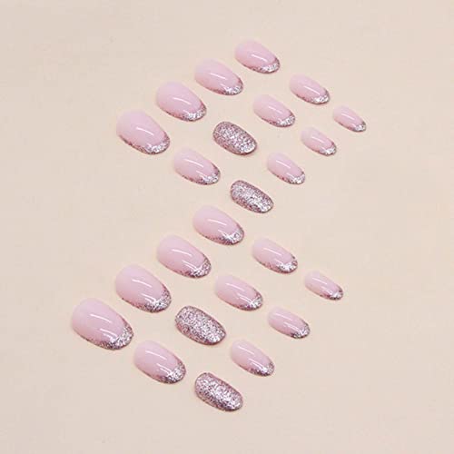 Short Almond False Nails French Press on Nails Bling Fake Nails Acrylic Glossy Cute Nails Tips for Women and Girls 24PCS