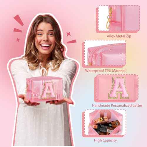 Clear Makeup Bag for Women - Small Personalized Initial Cosmetic Bags A-Z Chenille Letter Make up Pouch Waterproof Toiletry Bag Travel Accessories Gifts for Women Christmas Gifts (Pink Z)