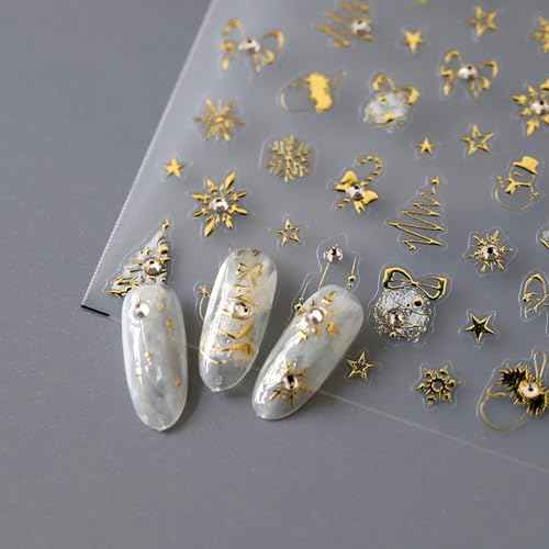Christmas Nail Art Stickers - 5D Gold Decals with Snowflakes, Candy Canes, Xmas Trees, Bows & Snowmen for Women's Manicure Decoration