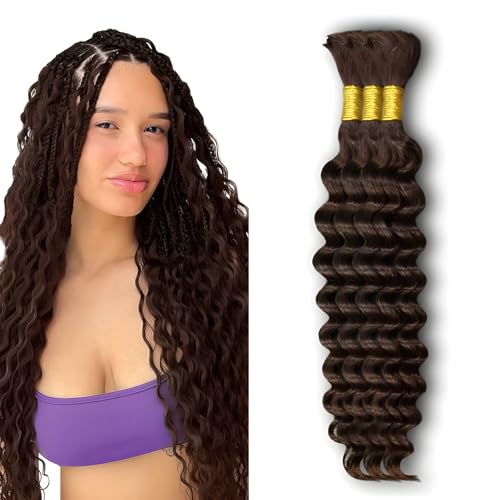 Human Braiding Hair 150g 20 Inch Deep Wave Bulk Human Hair for Braiding Boho Braids 100% Unprocessed Brazilian Virgin Human Hair Extensions No Weft 3 Bundle/Pack Dark Brown