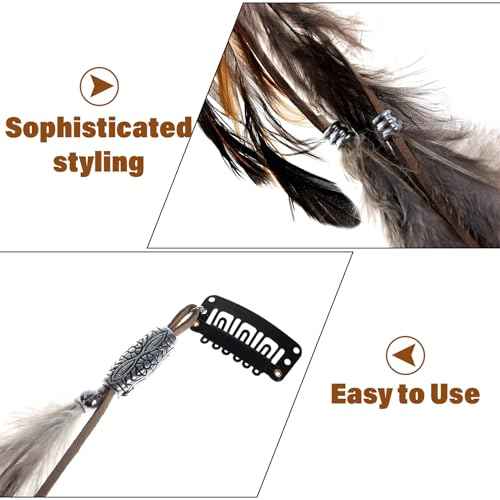 6PCS Hair Feathers Clip In, 14 Inch Hair Feathers Extensions with Braided Beads for Women Cosplay Costume Summer Extensions