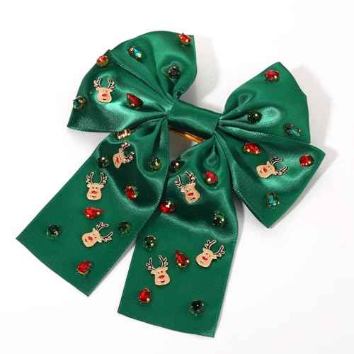 Boderier Christmas Hair Bows for Women Girls Santa Reindeer Hair Bows Clip Crystal Jeweled Ribbon Bows Christmas Outfits Hair Accessories Party Favors Gifts Reindeer Green