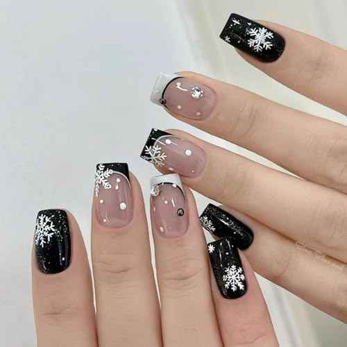 Snowflake Press On Nails: Short Square Christmas Fake Nails with Designs, Black Glitter & White French Tips, 24pcs