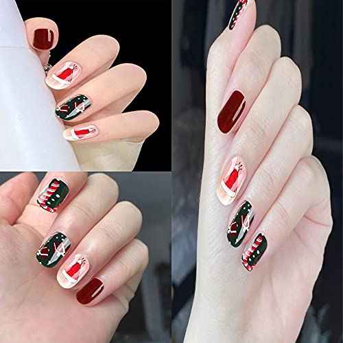 Christmas Full Nail Stickers Christmas Semi Cured Gel Nail Wraps Strips,HOINCO Self-Adhesive Nail Stickers,Christams Nail Decoration(Dark red Jump Color)