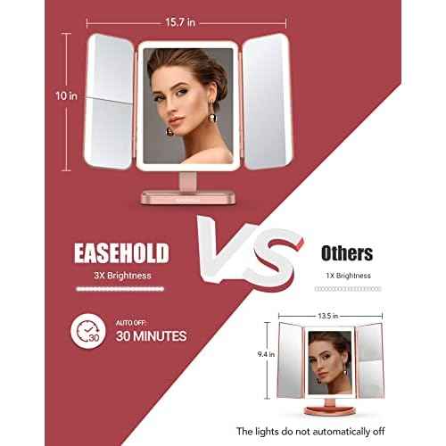 EASEHOLD Rechargable Makeup Mirror Vanity Mirror with Lights, 5000Mah & USB Cable, 112 LEDs Lighted Trifold Mirror with 1X 2X 3X 10X Magnification, Smart Touch, Portable Cosmetic Beauty Mirror