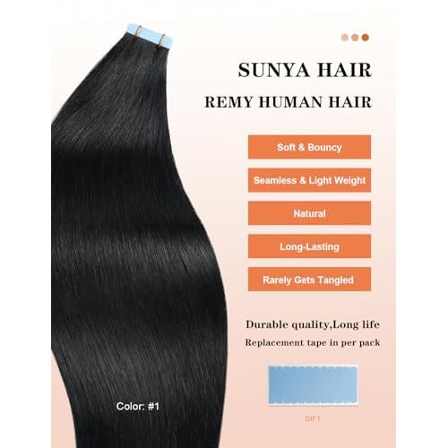 Sunya Tape in Hair Extensions Human Hair Jet Black 22 inch Straight Seamless Skin Weft Tape in Hair Extensions #1 Color 50g/20Pcs
