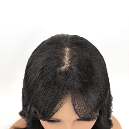 Natural Wavy Human Hair Wigs with Bangs Black Loose Wave Wigs for Women None Lace Front Wigs Loose Body Bob Wig Brazilian Virgin Human Hair Glueless Loose Curly Wig for Daily (14 Inch)