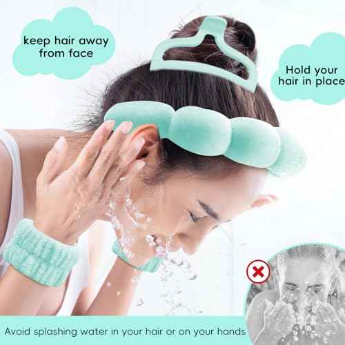 Spa Headband For Washing Face with Hair Clips Wristbands 6PK for Women Girls, Soft-Puffy Velvet Makeup Headbands for Makeup, Skincare (Green)
