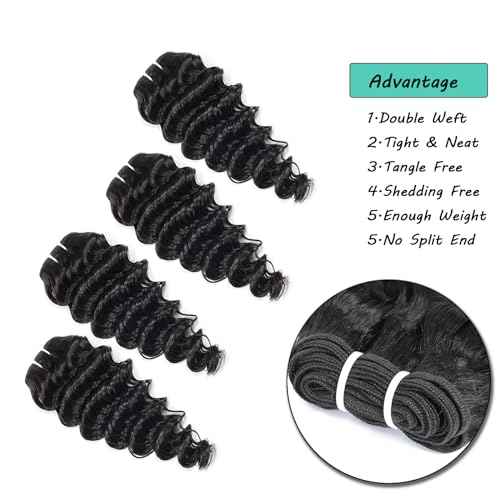 Deep Wave Human Hair bundles 14 Inch 12A Grade Brazilian Human Hair 100% Virgin Weave Bundles Human Hair for Black Women (14'' 14'' 14'' 14'')
