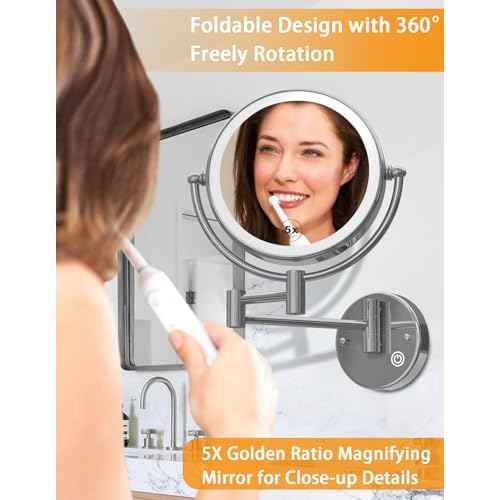 Wall Mounted Lighted Makeup Mirror with Magnification 5X, Rechargeable Magnifying Shaving Cosmetic Mirror with Extendable Swing Arm for Bathroom, Touch Stepless Dimming, Chrome