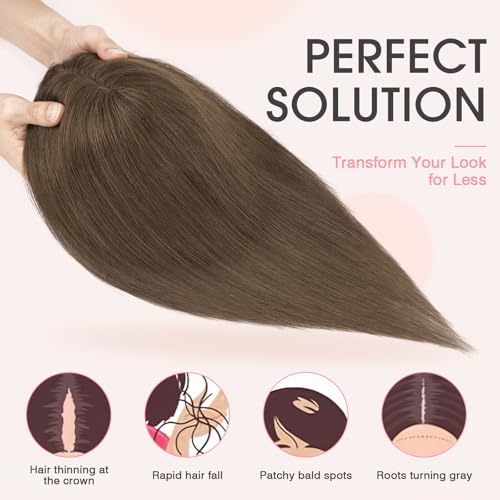 TESS Real Hair Toppers for Women Handmade Lace Base Womens Clip In Hairpieces with Bangs 5 Clips Natural Coverage Soft and Secure 2¡¿6", Dark Brown