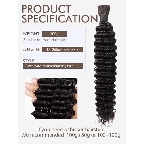 Human Braiding Hair 100g 24 Inch Deep Water Wave Bulk Human Hair for Braiding No Weft 12A Brazilian Virgin Curly Human Hair Extensions for Boho Braids Wet and Wavy Natural Human Hair Braiding Hair