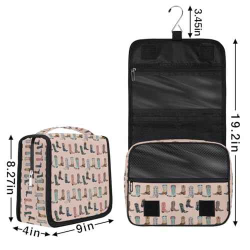 Travel Toiletry Bag for Women Men with Hanging Hook Pink Retro Western Print Cowboy Pattern Makeup Cosmetic Bag Organizer Travel Bag for Toiletries Essentials Accessories, Large Size