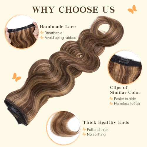 Halo Hair Extensions 14 Inch, 100% Real Human Hair, No Tangle & Smooth, Invisible Wire Extensions for Women, 60g, Wavy Curly #Wavy Medium Brown Mixed Dark Blonde