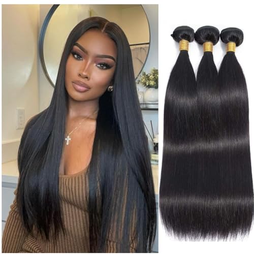 Straight Human Hair Bundles 24 24 24 Inch Trippy Hair Quick Weave 3 Bundles Human Hair 100% Unprocessed Raw Brazilian Virgin Hair Extensions for Black Women Natural Color