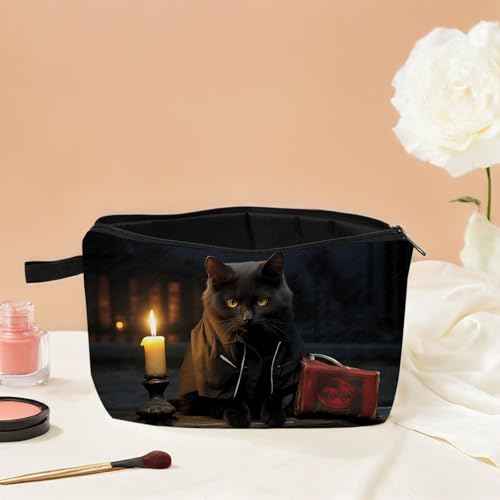 Night Black Cat Print Women Makeup Bag Cat Gifts for Cat Lovers Travel Cosmetic Bag Organizer Small Zipper Toiletry Bag