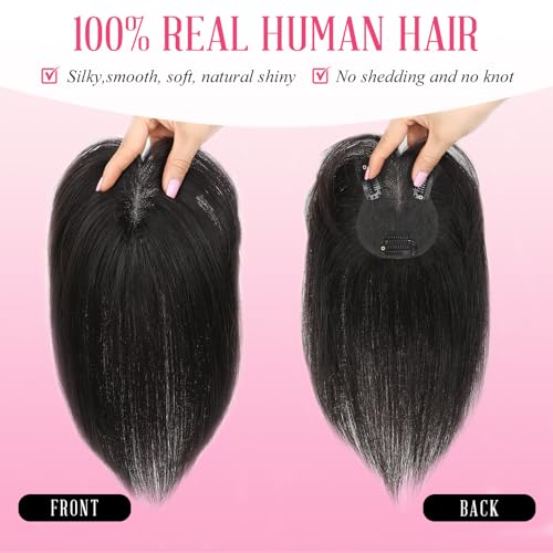 Hair Toppers for Women Real Human Hair with Bangs 10 Inch Upgrade Swiss Lace Base Toppers Hairpieces with Thinning for Daily Wear (Dark Brown
