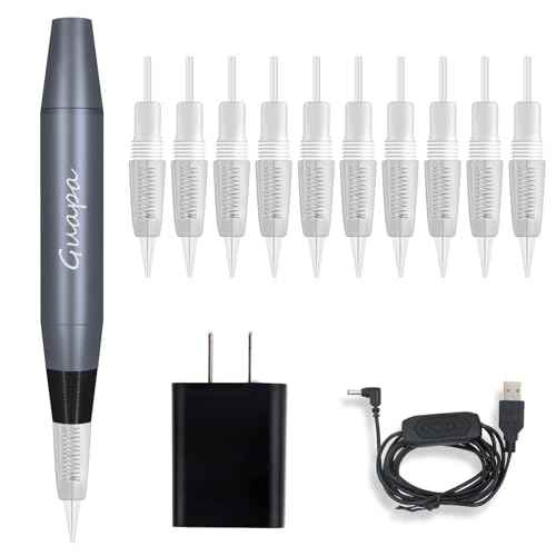 Portable Tattoo Machine Pen Eyebrow Lip Permanent Makeup Pen with 1R 3R Cartridge Needles for Ombre Brows Body Tattoo (Gray Machine Kit)