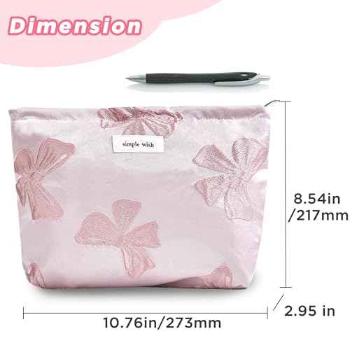 Pink Bow Makeup Bag for Purse Zipper - Large Capacity Canvas Cosmetic Organizer, Coquette Preppy Travel Toiletry Pouch for Women and Girls Gift Idea