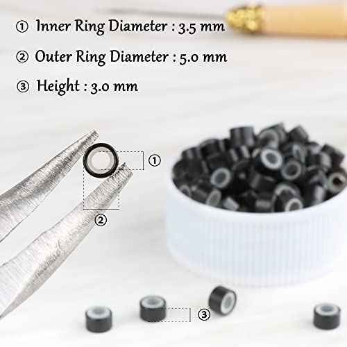 NIACONN 1000pcs 5 mm Tinsel Hair Extensions Beads, Silicone Lined Ring Micro Link I-tip Beads for Hair Extension - Black
