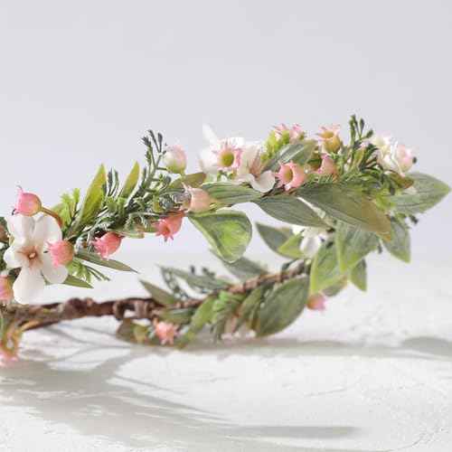 Pink Flower Crown Headband - Handmade Fairy Floral Headbands Green Leaf Flower Headpiece for Women Girls Bridal Renaissance Hair Accessories Birthday Vacation Festival Party Headwear