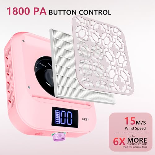 BETE Cordless Nail Dust Collector, Portable Vacuum Fan Vent Extractor with Powerful & Quiet Suction, Rechargeable Battery, LED Display for Acrylic Nails Polishing at Salon & Home, Pink