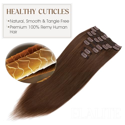 Elailite Clip in Hair Extensions Real Human Hair Double Weft Thick 8pcs Weft Medium Brown 16 Inch 130g Remy Hairpieces Balayage Full Head Straight for Women
