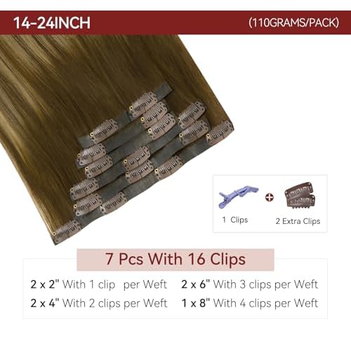 LOVELINE Seamless Clip in Hair Extensions Real Human Hair, Luxury Remy Human Hair Extensions Clip ins for Women, 16 Inch 110g 7Pcs, Balayage Chocolate Brown to Caramel Blonde