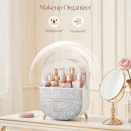 Bling Makeup Organizers, Cosmetic Display Case with Clear Cover, Vanity Makeup Organizers for Lipstick Perfume Lotion and Skincare, Silver Diamond