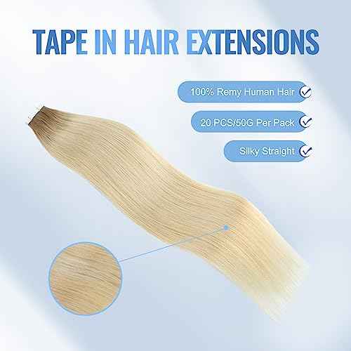 Sixstarhair Rooted Blonde Tape In Hair Extensions Human Hair Medium Brown Fading to Platinum Blonde Remy Hair Beautiful Hair for Women [Color R6-60#-16 inch]