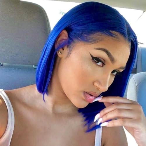 13x4 Lace Front Wigs Human Hair HD Lace Frontal Wig Human Hair Pre Plucked Glueless Blue Bob Wigs 180% Density 12 Inch Straight Dark Blue Short Bob Wigs for Black Women
