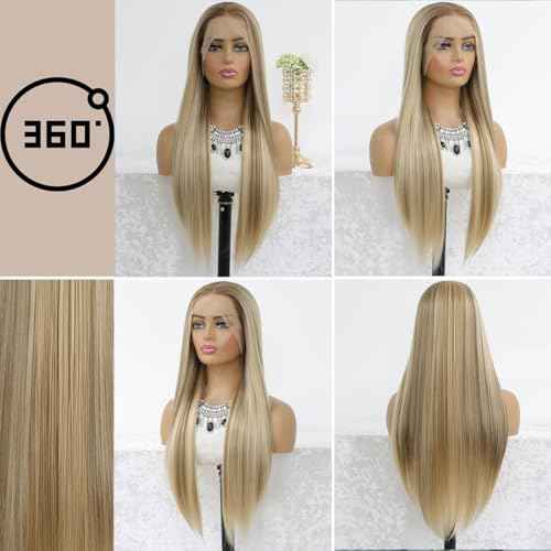 Highlight Light Blonde 13x6 Lace Front Wig Pre Plucked Glueless Long Straight Ombre Mixed Brown Blonde HD 13x6 Frontal Wig Free Deep Part Synthetic Lace Front Wigs for Women