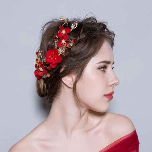 2 Pack Red Flower Hair Clips Rose Floral Bridal Hairpins Crystal Pearl Flower Bride Headpiece Red Wedding Accessories for Women Girls Halloween Chrismas Party Prom