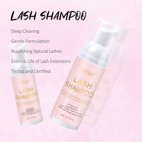 EMEDA Lash Shampoo Kit 2.02 fl oz Lash Cleaning Kit with Rechargeable Fan Dryer/Brush/Rinse Bottle, Oil-free Cleanser Wash for Extensions & Clusters & Natural Eyelashes, Cleaner for Eyelash Care