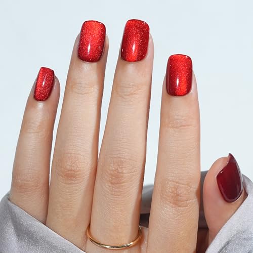 Press On Nails Short - Red Press On Nails Cat Eye Acrylic Square Halloween Nails with Nail Glue, Fit Perfectly Stick On Nails in 16 Sizes - 32PCS Soft Gel Kit,Crimson Fang