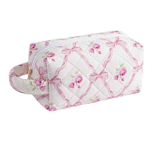 JOVAKIT Travel Makeup Bag Cosmetic Bag for Women, Fashion Christmas Gifts, Floral Flowers Coquette Toiletry Bag with Handle, Zipper Make Up Pouch Organizer Bag Trendy Stuff (Pink Bowknot)