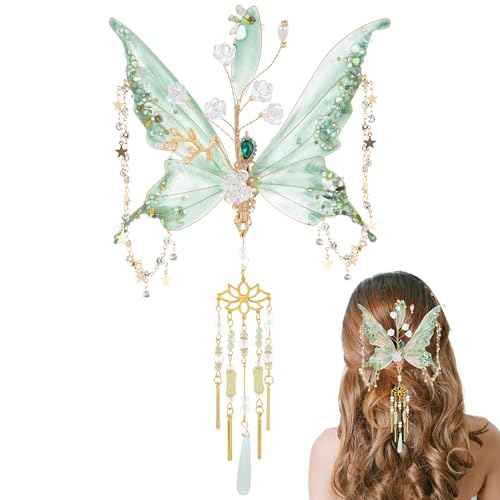 FRESHME Butterfly Hair Clip for Women - 1 Pc Green Fairy Hair Accessories with Tassel Butterfly Wings Elf Claw Clips Elven Hair Clamps for Photoshoot Prom Renfaire Fantasy Costume Cosplay