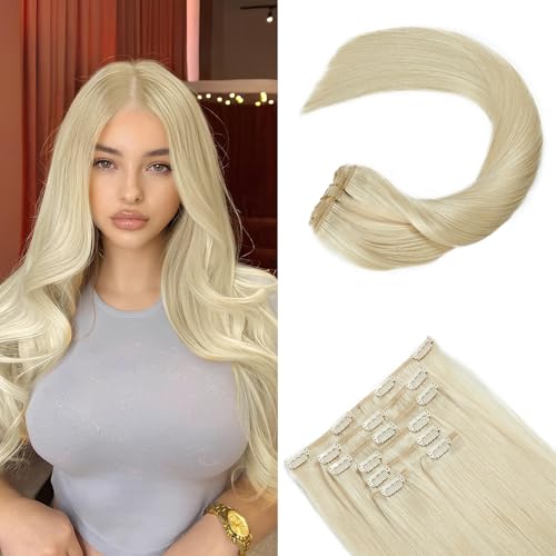 FoxFace Clip in Hair Extensions Real Human Hair, Thick Extensions from Root to Tip, Natural Hair Clip Ins, Platinum Blonde, 18 Inch 120g 7Pcs