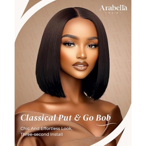 Arabella 12inch Bob Wig Human Hair Real Ready to Go Glueless Wig 12a Straight Bob Wigs Human Hair Pre Cut Only Middle Part Lace Front Wigs Pre Bleached Tiny Knots (12inch, 6x6x1 Glueless)